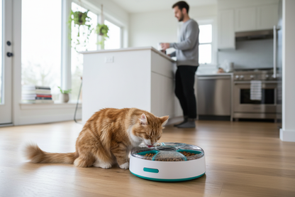 Lifestyle 1 — Cat eating from timed feeder