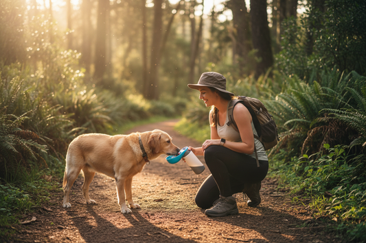Lifestyle 1 — Dog drinking on a hike