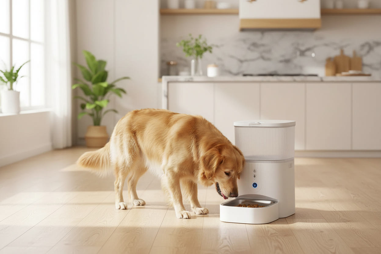 Lifestyle 1 — Dog eating from WiFi feeder with camera