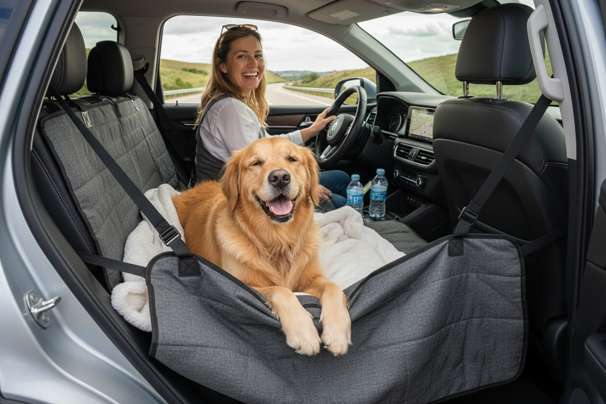 Lifestyle 1 — Dog relaxing on car hammock during road trip