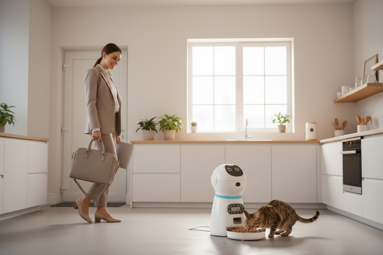 Lifestyle 2 — Busy owner leaving while pet feeds automatically