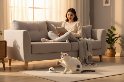 Lifestyle 2 — Cat entertained independently while owner relaxes