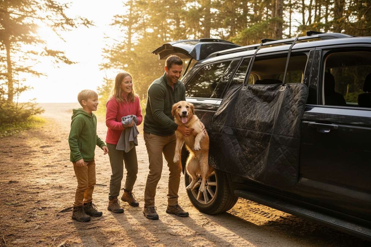 Lifestyle 2 — Muddy dog loaded into protected car after adventure