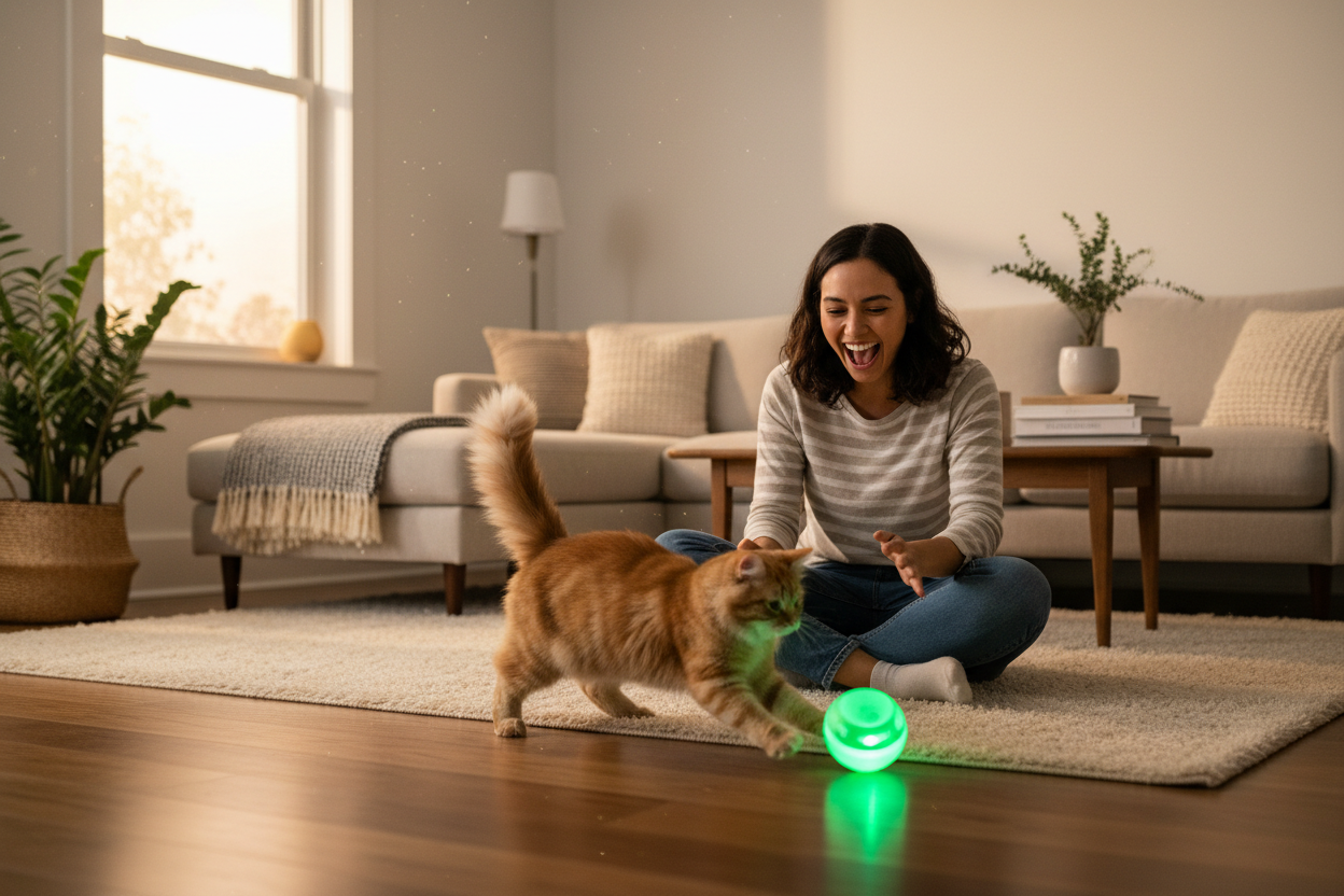 Lifestyle 2 — Owner laughing watching cat play