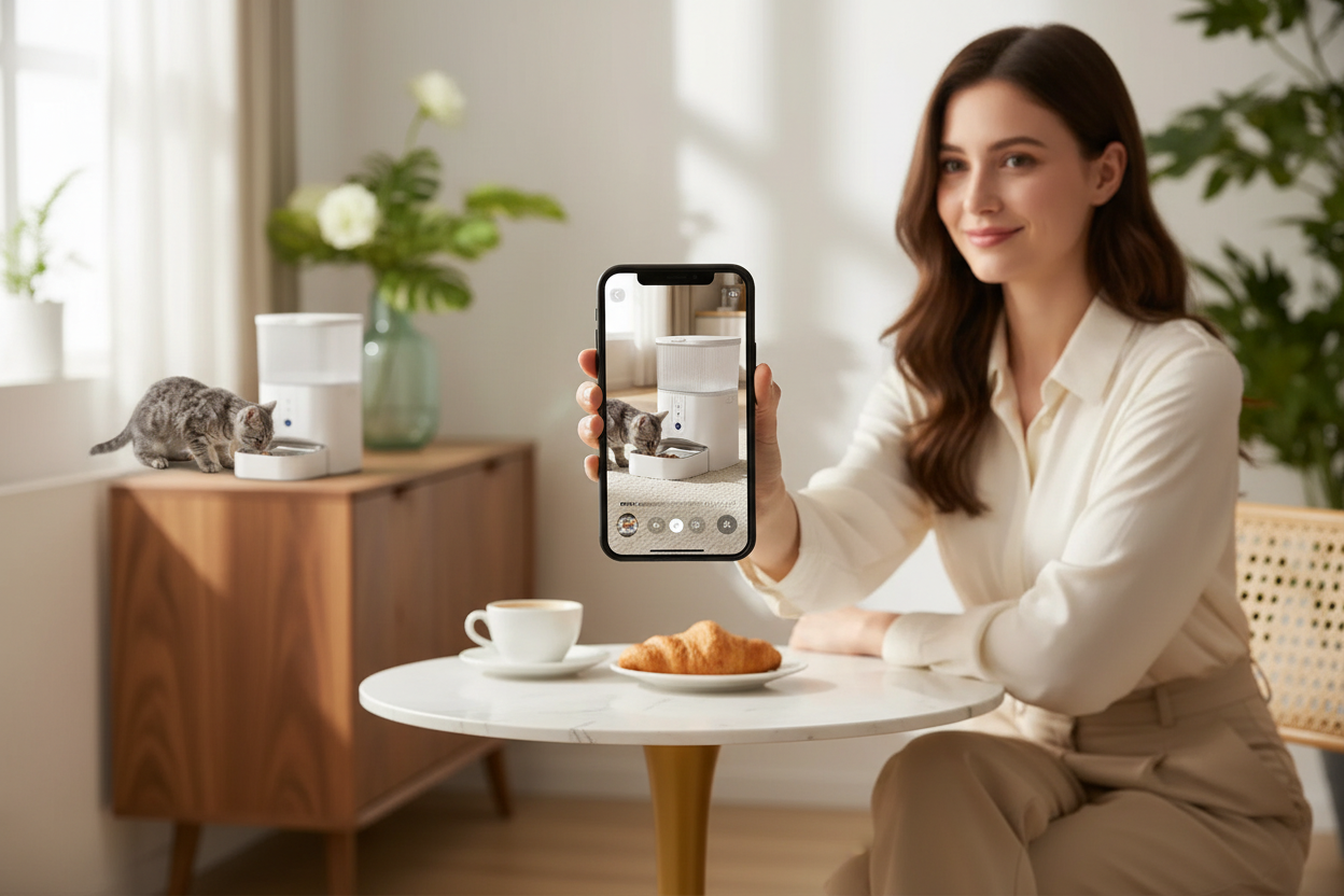 Lifestyle 2 — Owner monitoring pet via camera feed remotely
