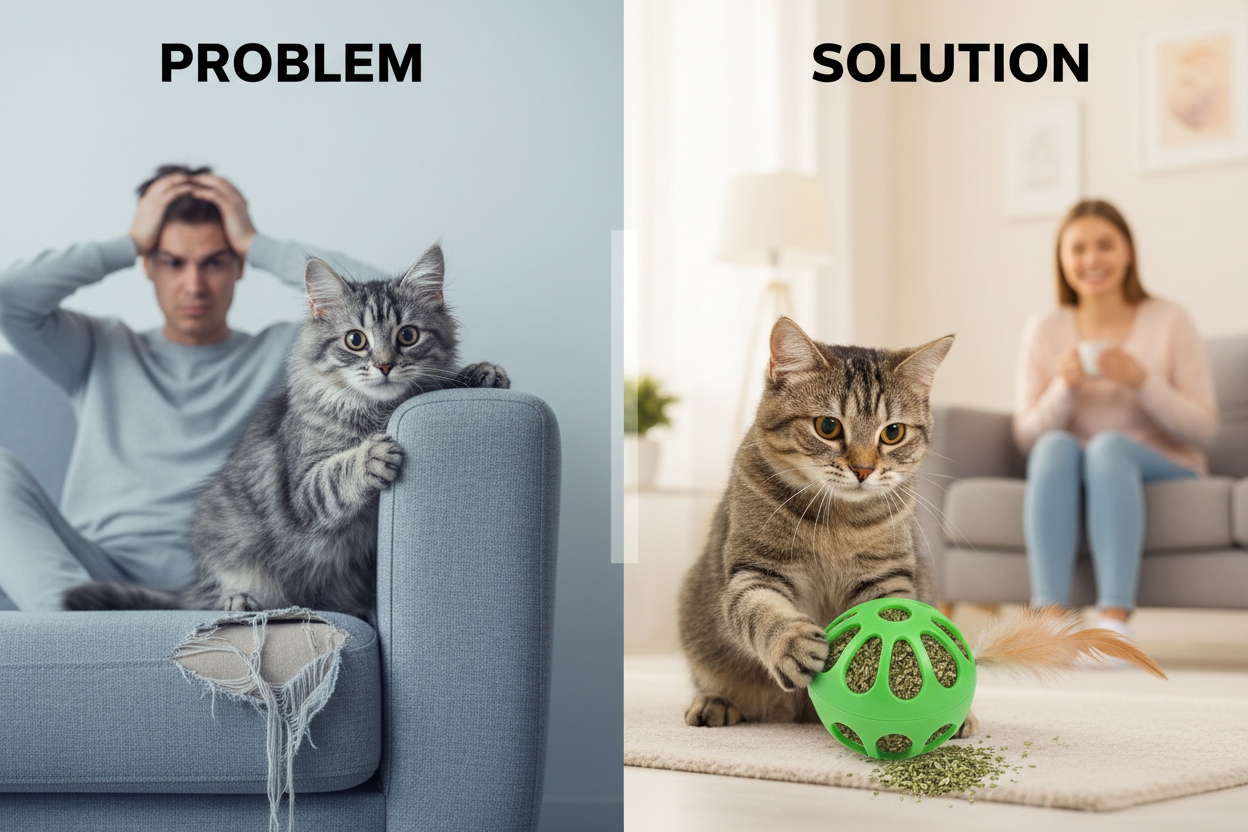 Problem/Solution — Destructive bored cat vs happy stimulated cat