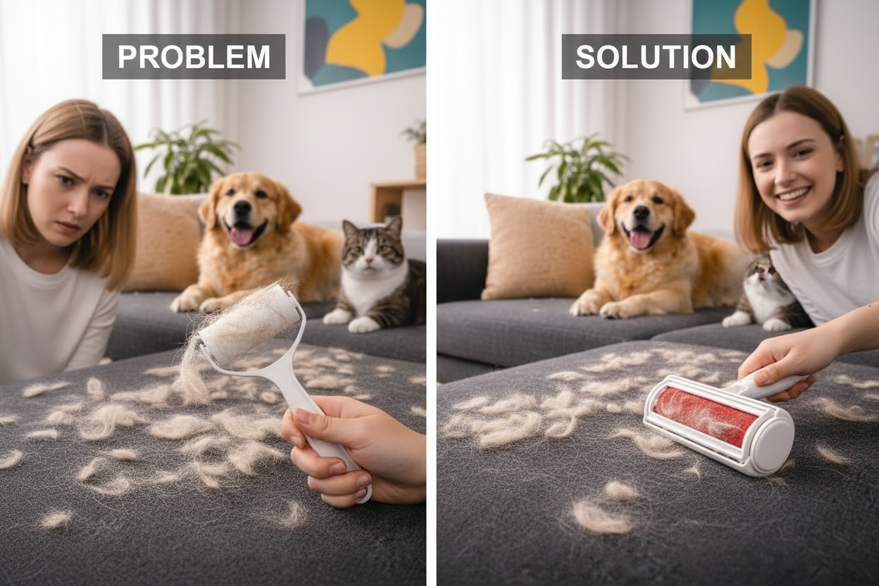 Problem/Solution — Hair-covered sofa vs clean sofa