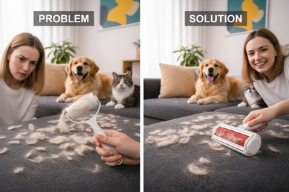 Problem/Solution — Hair-covered sofa vs clean sofa