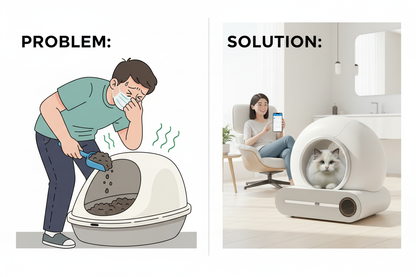 Problem/Solution — Manual scooping vs auto self-cleaning