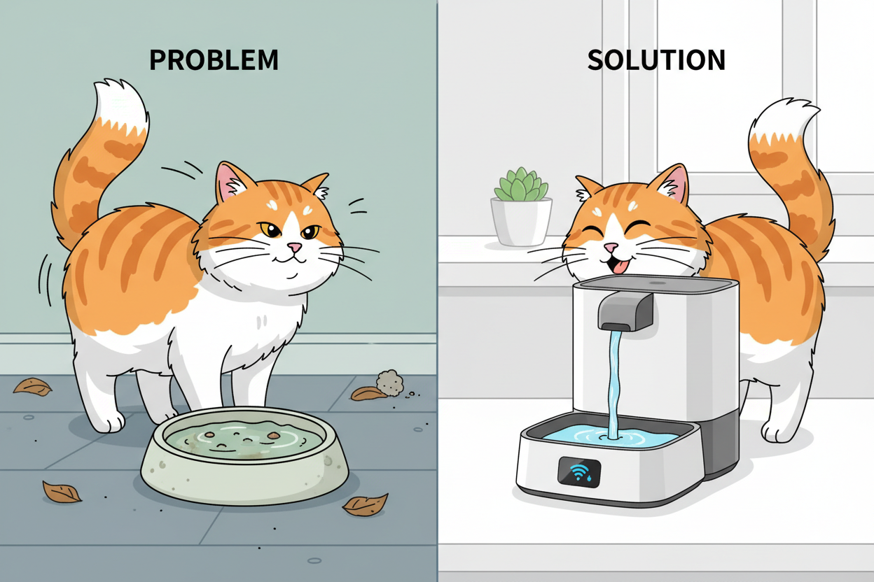 Problem/Solution — Stagnant bowl vs fresh flowing dispenser
