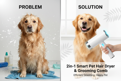 Problem/Solution — Wet tangled fur vs fluffy groomed pet
