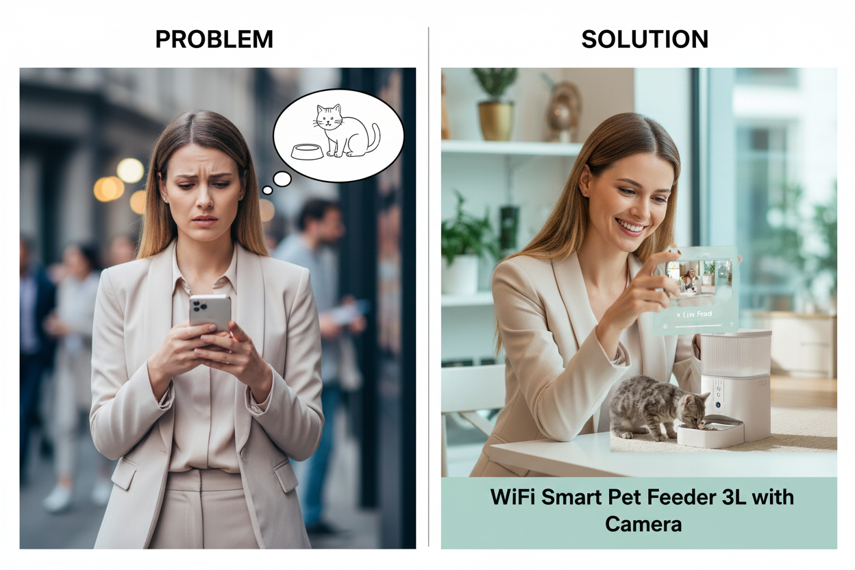 Problem/Solution — Worried owner vs reassured owner with camera feed